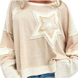 POL Star Patchwork Cropped Knit Long Sleeve Sweater Ivory & Beige, Size small